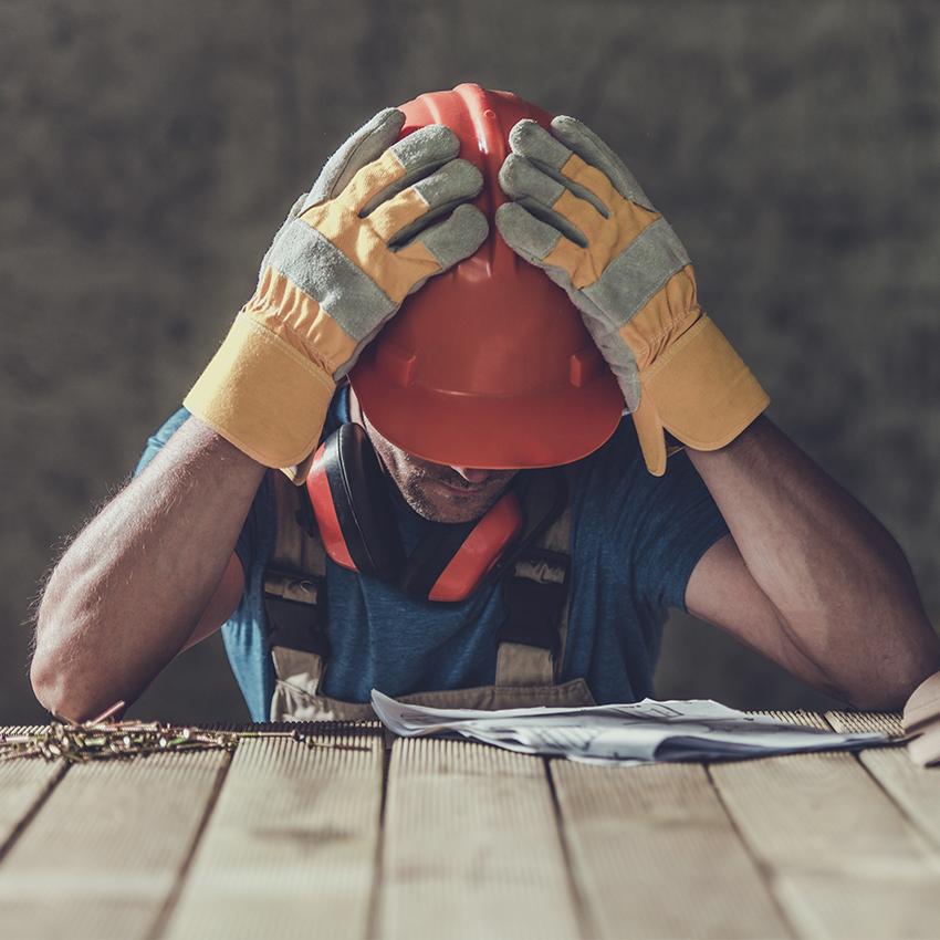 man in hard hard holding head in frustration